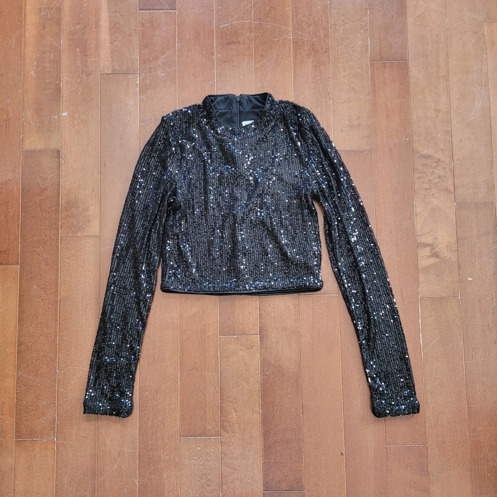 Simons Sequined Mock-neck Top In Black